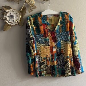 Textured Patchwork Long Sleeve Blouse - Multicolor